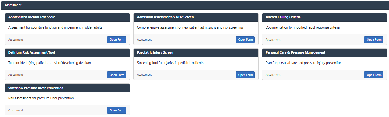 Assessment screen listing risk screens including delirium, paediatric injury and pressure ulcer prevention.