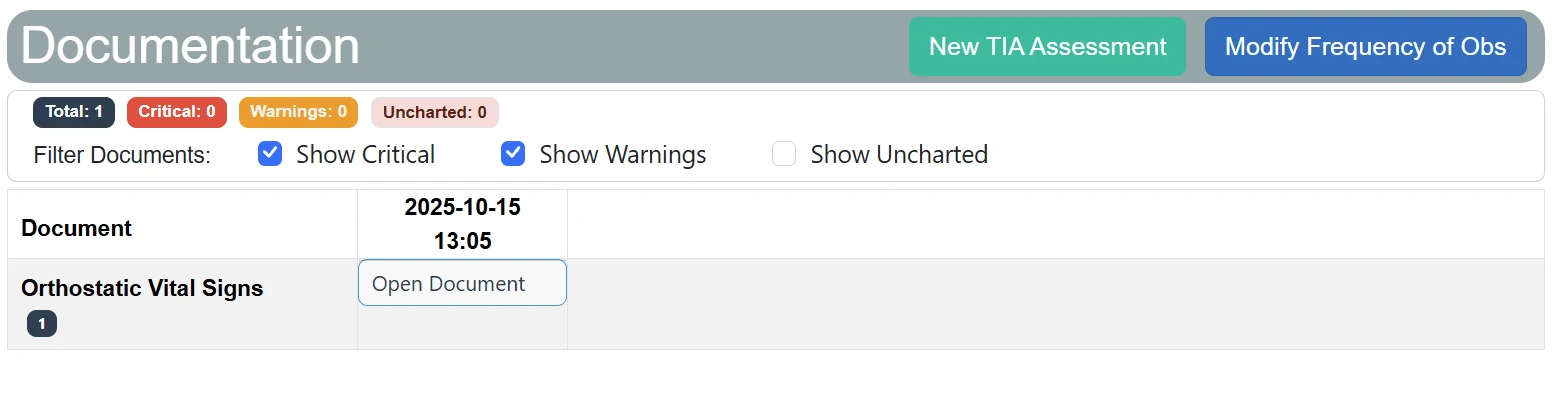 Documentation screen listing clinical documents with critical and warning counts.